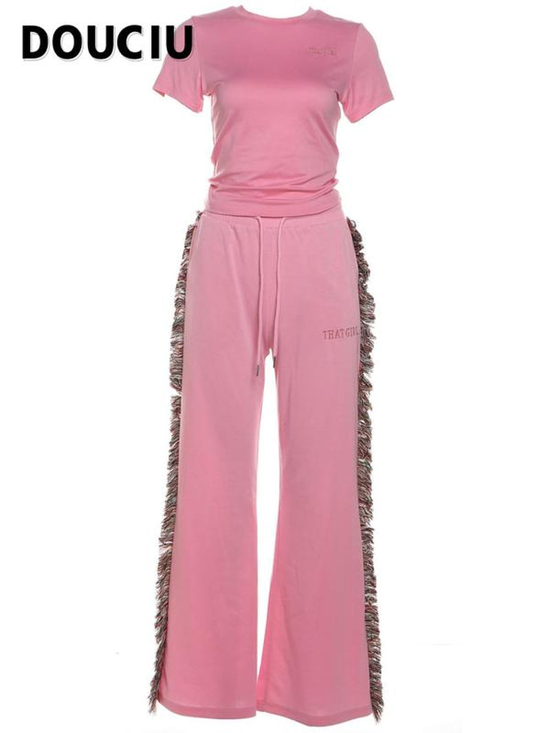 DOUCIU Women'S Letter Embroidery Fringe Trim Fleece Sweatpants Set, Casual Street Short Sleeve T-Shirt & Tie Front Trousers for Daily Wear, Ladies Summer Clothes